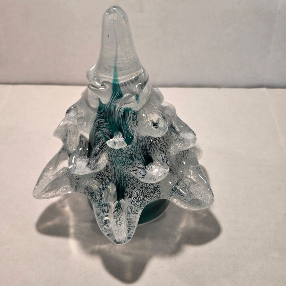 Vintage Clear & Green Ribboned Art Glass Christmas Tree 6.75" Tall - Picture 3 of 11